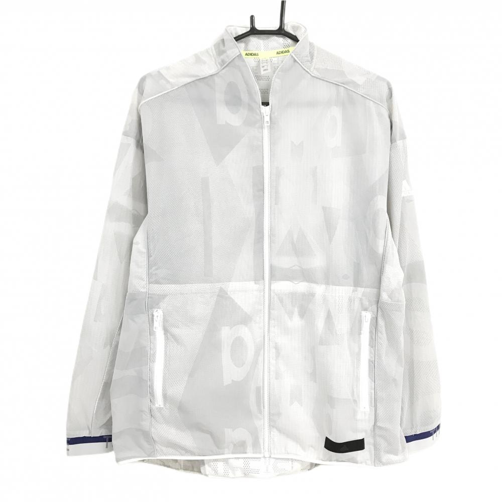 【超美品】アディダス ナイロンジャケット ライトグレー×白 総柄地模様 袖ロゴ刺しゅう メンズ L ゴルフウェア adidas