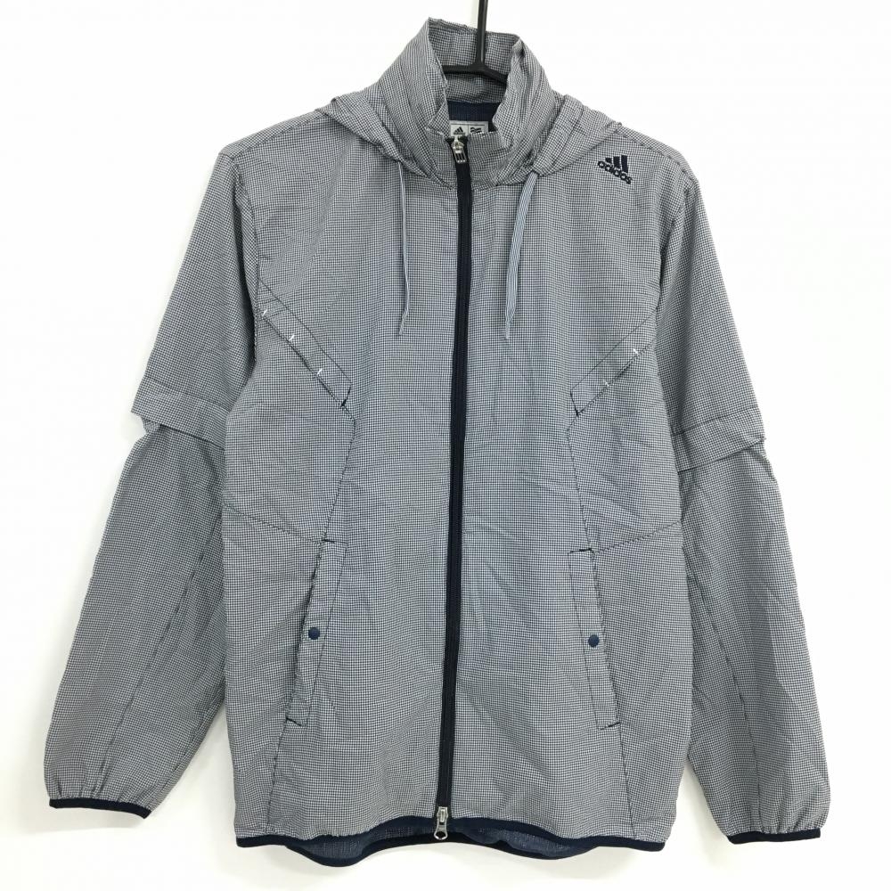 【美品】アディダス 4WAYジャケット ネイビー×白 細目チェック 裏地メッシュ 袖着脱可　フード収納可 メンズ M/M ゴルフウェア adidas