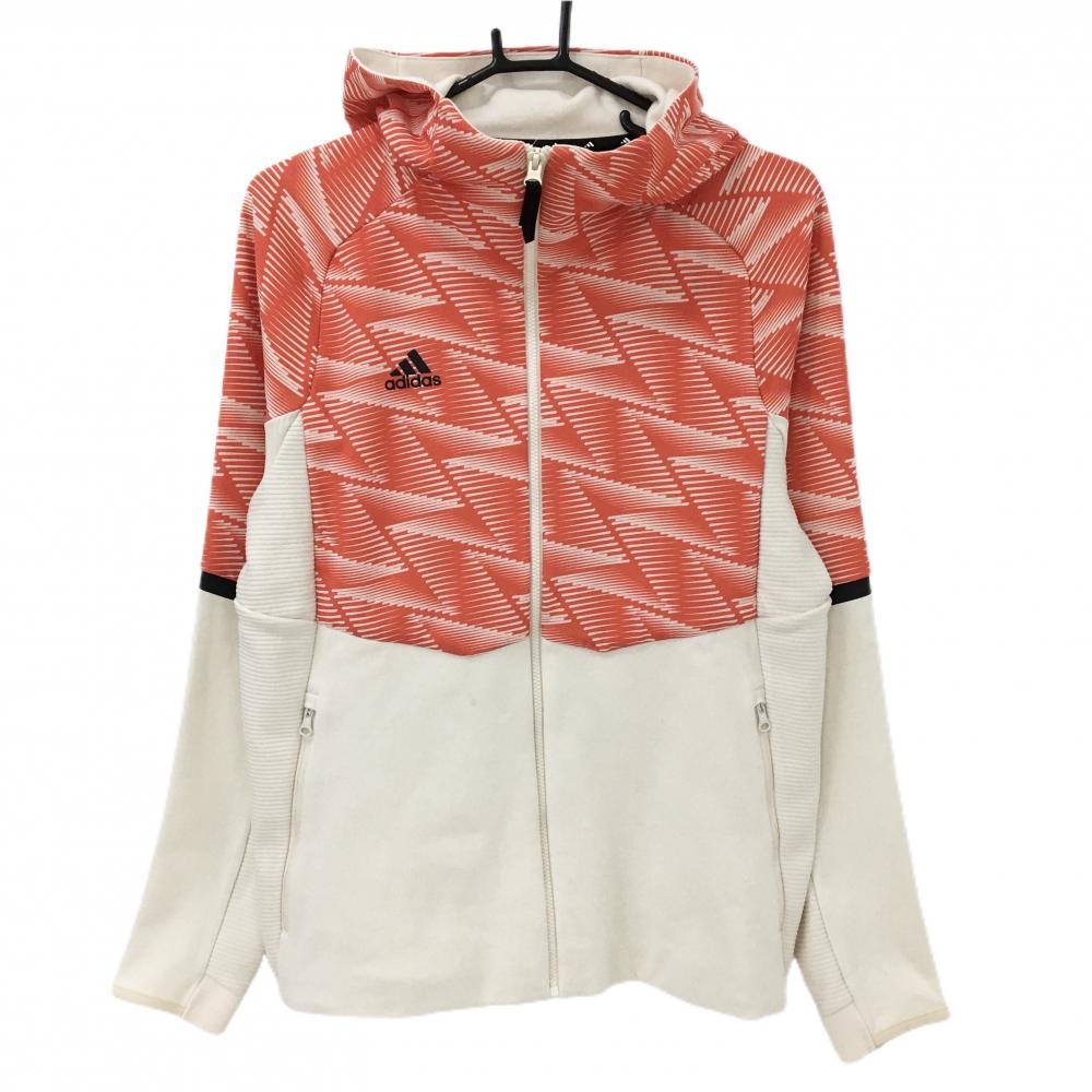 【美品】アディダス ジップパーカー アイボリー×レッド 上部総柄 ロゴプリント メンズ L ゴルフウェア adidas