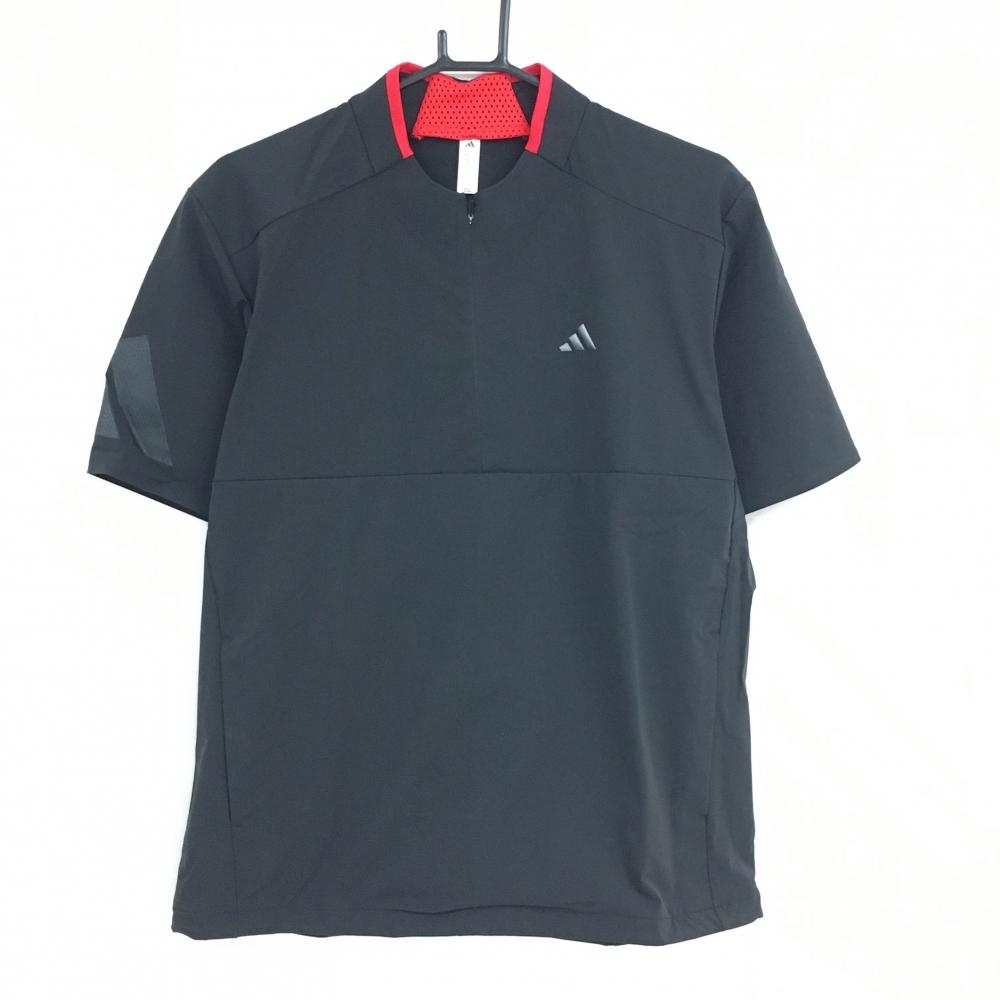 【新品】アディダス 半袖ブルゾン 黒×レッド ハーフジップ ドローコード  メンズ L ゴルフウェア adidas