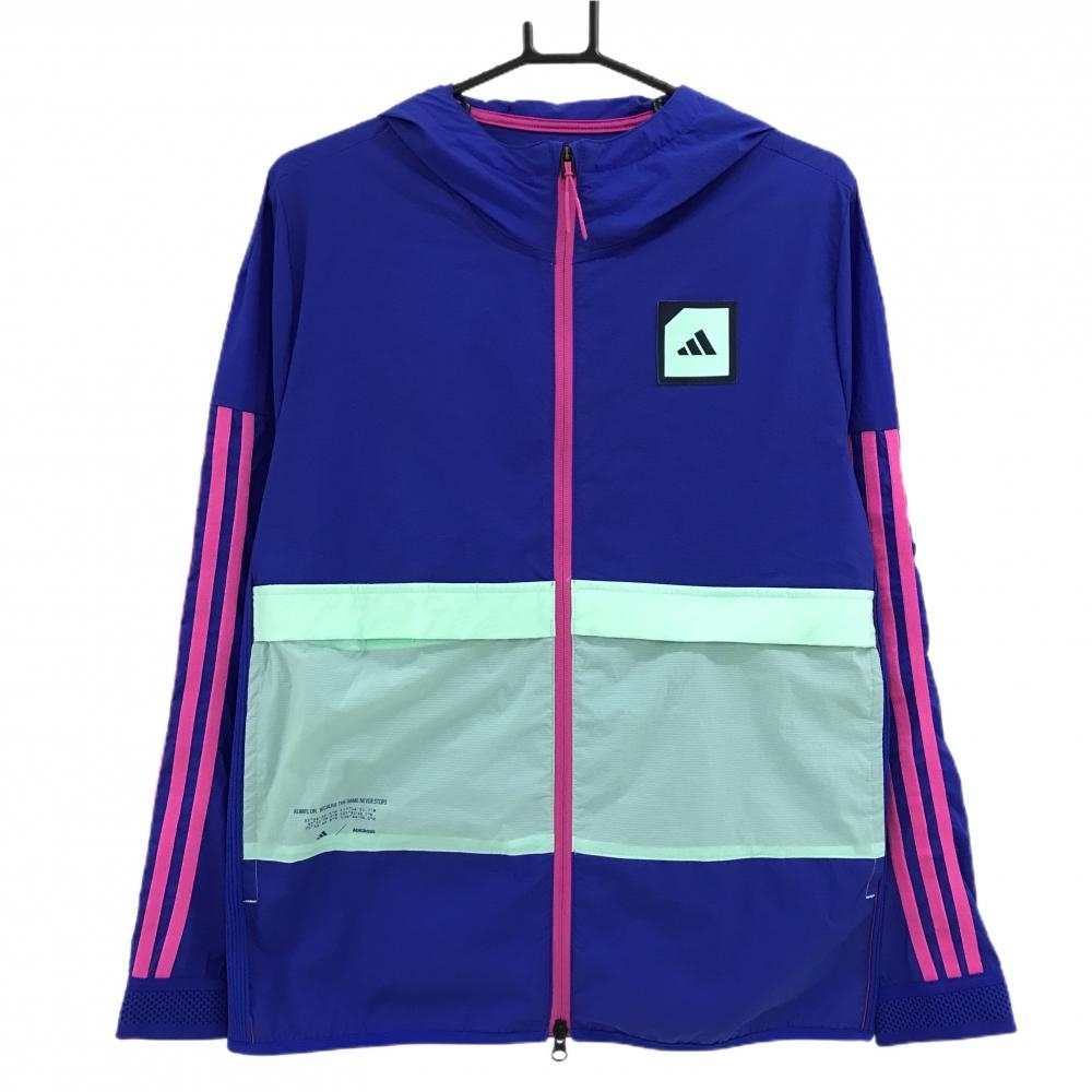 【美品】アディダス ナイロンジップパーカー ブルー×ミントグリーン系 薄手 袖口メッシュ ジャケット メンズ M ゴルフウェア adidas
