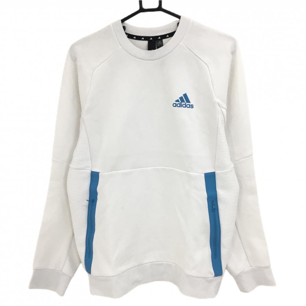 アディダス トレーナー 白×ライトブルー ロゴプリント ジップポケット メンズ M ゴルフウェア adidas