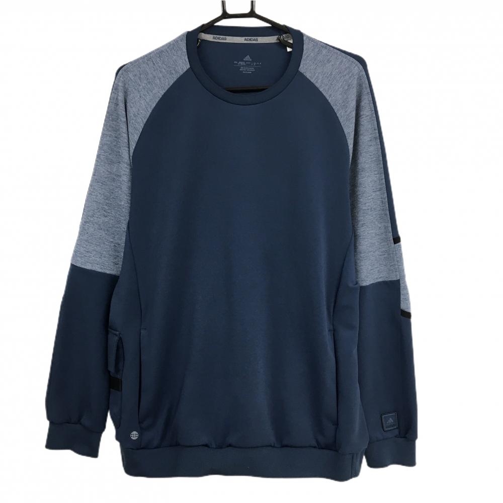 【美品】アディダス トレーナー ダークブルー×杢ブルー 複数ポケット メンズ O ゴルフウェア adidas