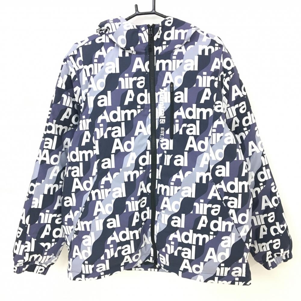 【美品】アドミラル フード付き中綿ジャケット ネイビー×白 英字ロゴ総柄 ファスナー横プリント  メンズ LL ゴルフウェア Admiral