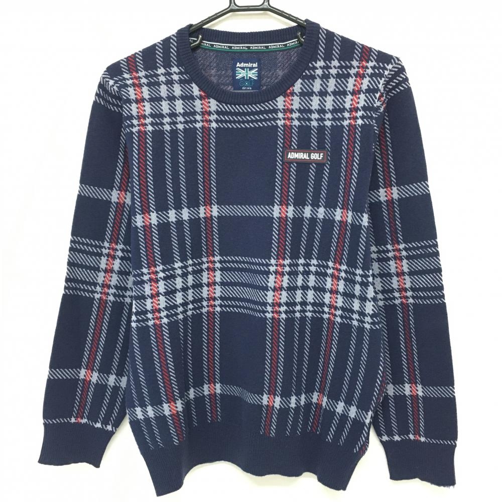 【美品】アドミラル セーター ネイビー×グレー チェック ニット メンズ M ゴルフウェア Admiral