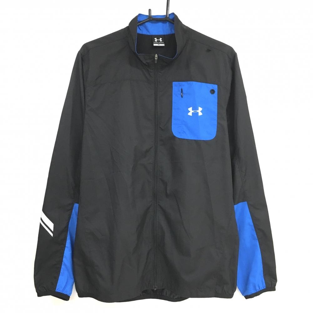 【超美品】アンダーアーマー ジャケットブルゾン 黒×ブルー 胸ポケット 薄手 メンズ XL ゴルフウェア UNDER ARMOUR
