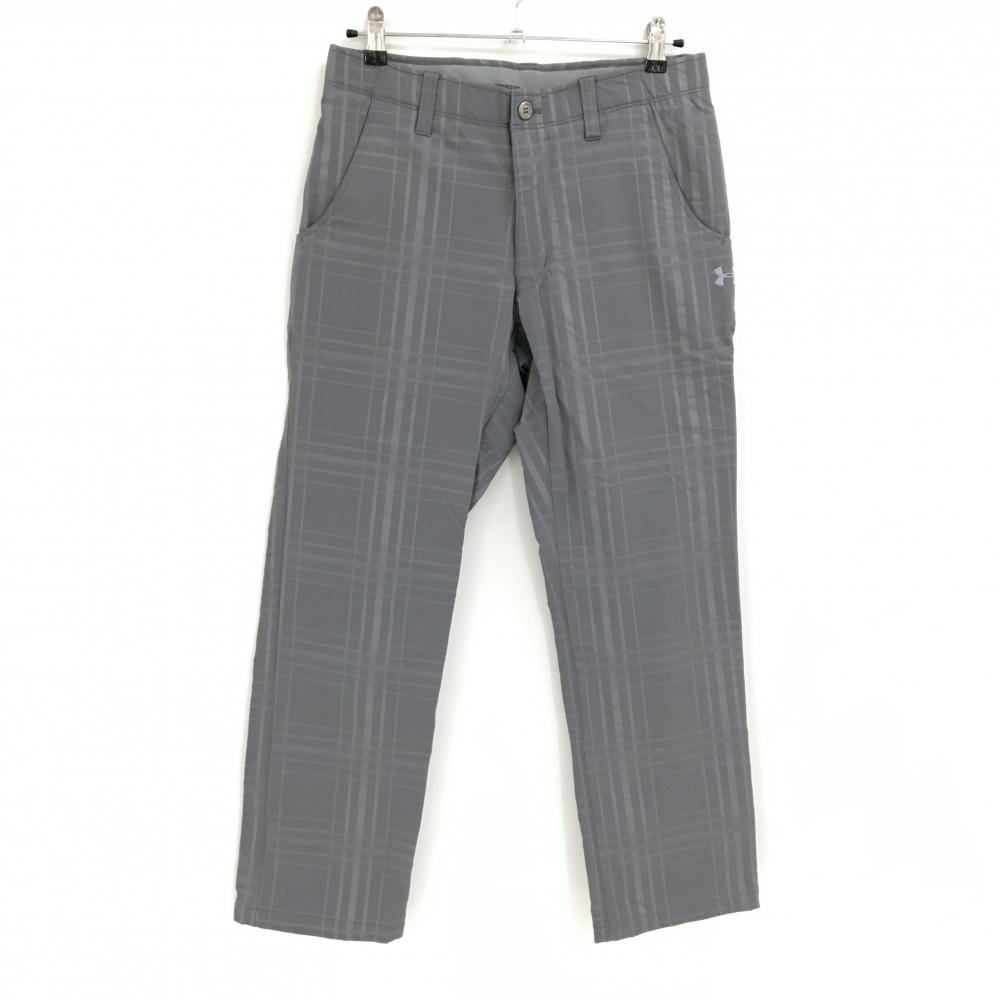 【超美品】アンダーアーマー パンツ グレー×ライトグレー 格子柄 ロゴ刺しゅう 裏微起毛 メンズ 79 ゴルフウェア UNDER ARMOUR