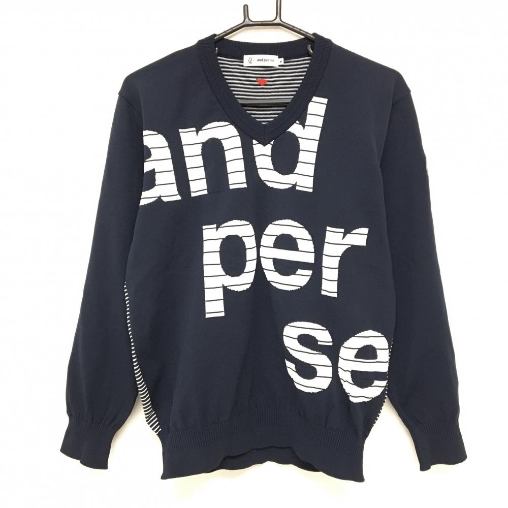 【美品】アンパスィ セーター ネイビー×白 背面ボーダー ニット Vネック ボーダービッグロゴ  メンズ M ゴルフウェア and per se