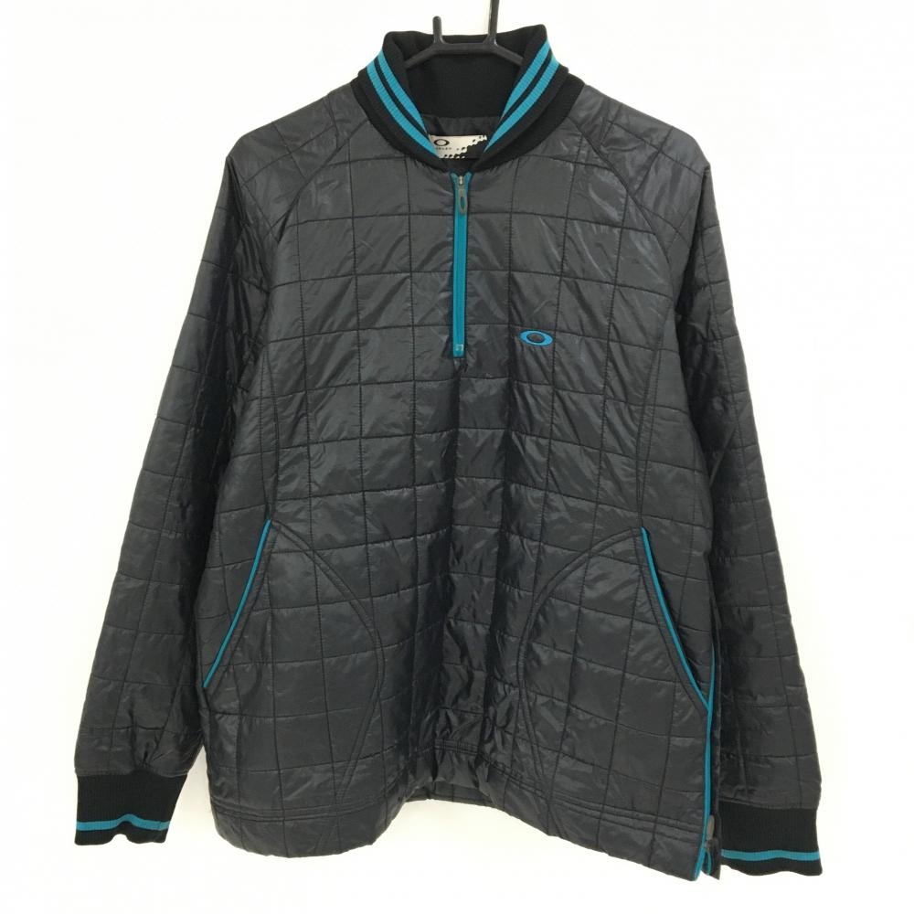 【美品】オークリー 中綿ブルゾン 黒×ブルー キルティング ネック2ライン メンズ L ゴルフウェア Oakley
