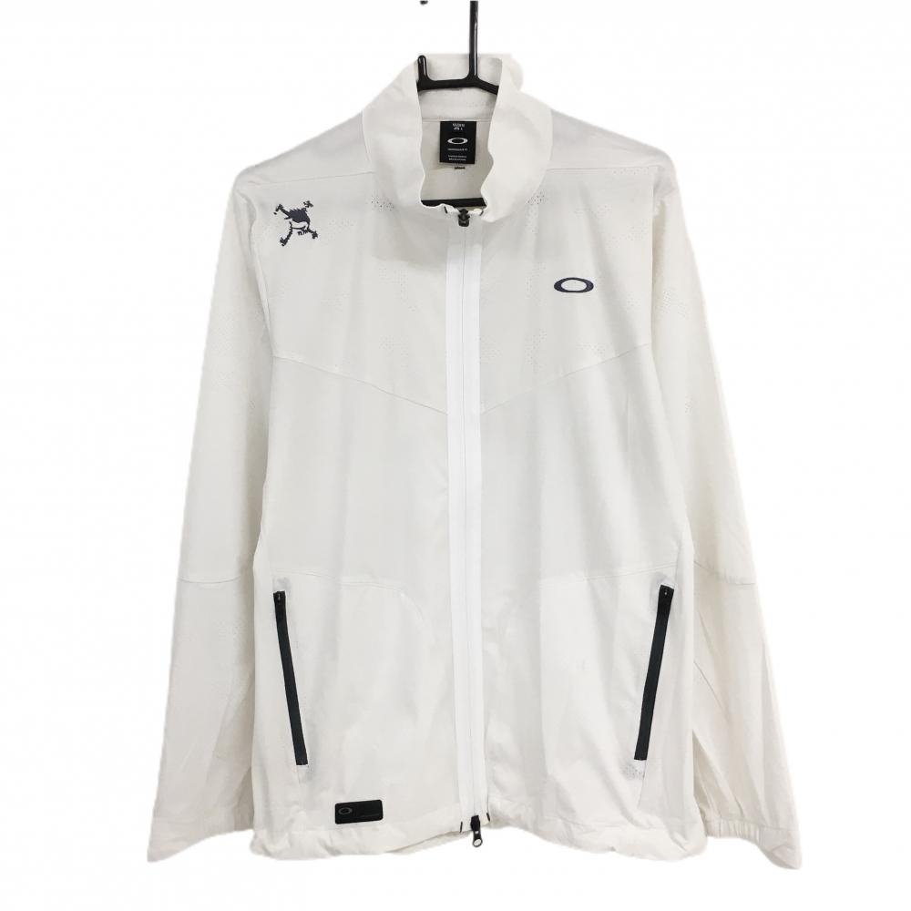 オークリー ジャケット 白 一部メッシュ調 ロゴグレー 裾ドローコード メンズ L ゴルフウェア Oakley