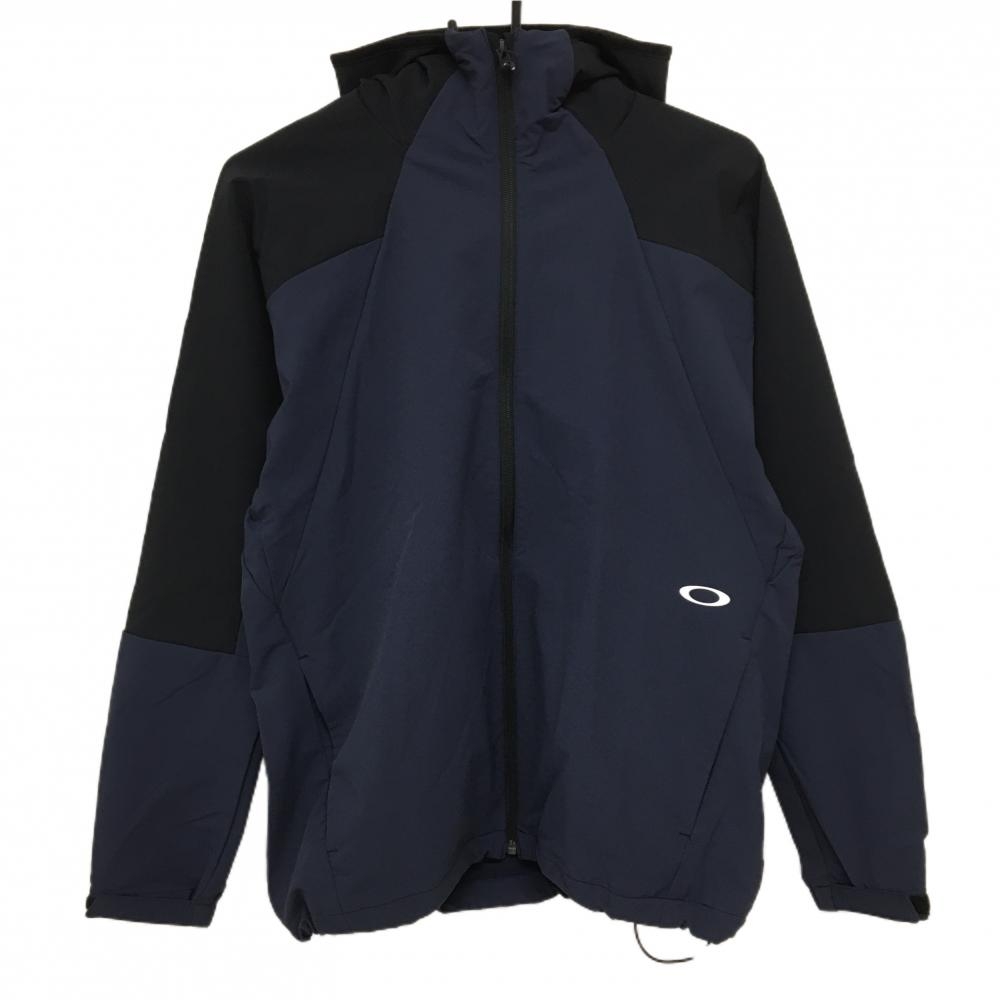 【美品】オークリー ジップパーカー ネイビー×黒 ロゴ白 裾ドローコード メンズ S ゴルフウェア Oakley