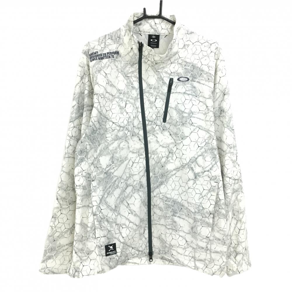 【美品】オークリー ジャケット アイボリー×グレー 総柄 ヘキサゴン ハイネック メンズ XL ゴルフウェア Oakley
