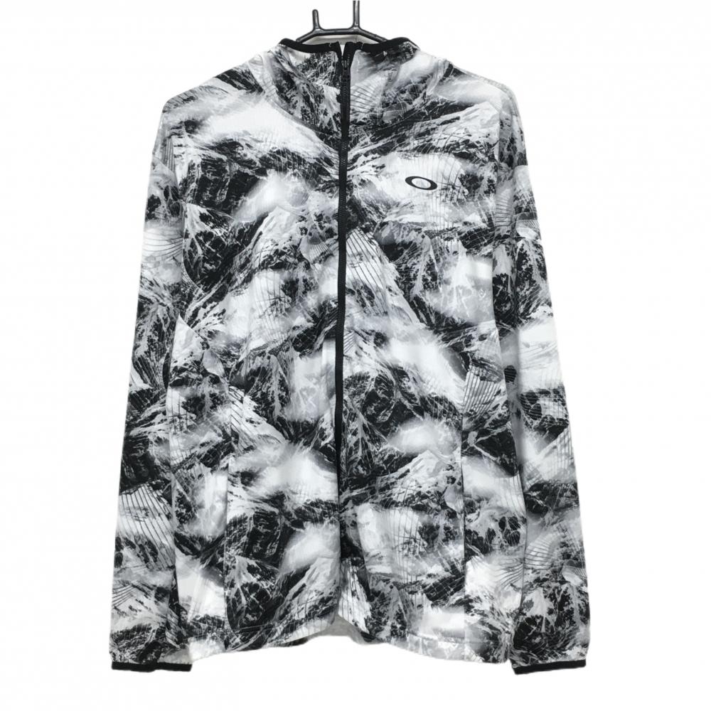 【美品】オークリー ジップパーカー 白×黒 総柄 薄手 胸元ロゴ  メンズ XL ゴルフウェア Oakley