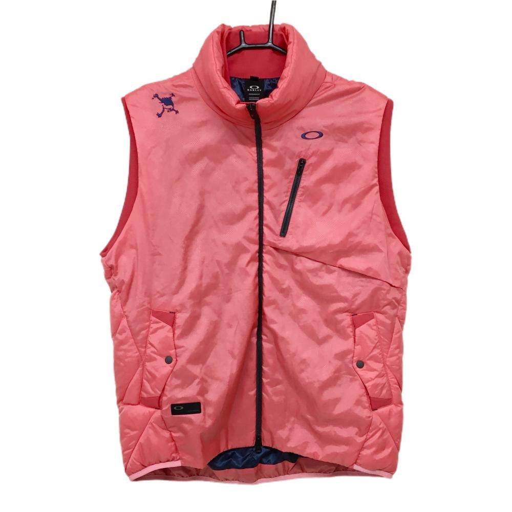 【超美品】オークリー 中綿ベスト ピンク×レッドピンク 総柄地模様 ロゴ刺しゅう メンズ 2XL ゴルフウェア 大きいサイズ Oakley