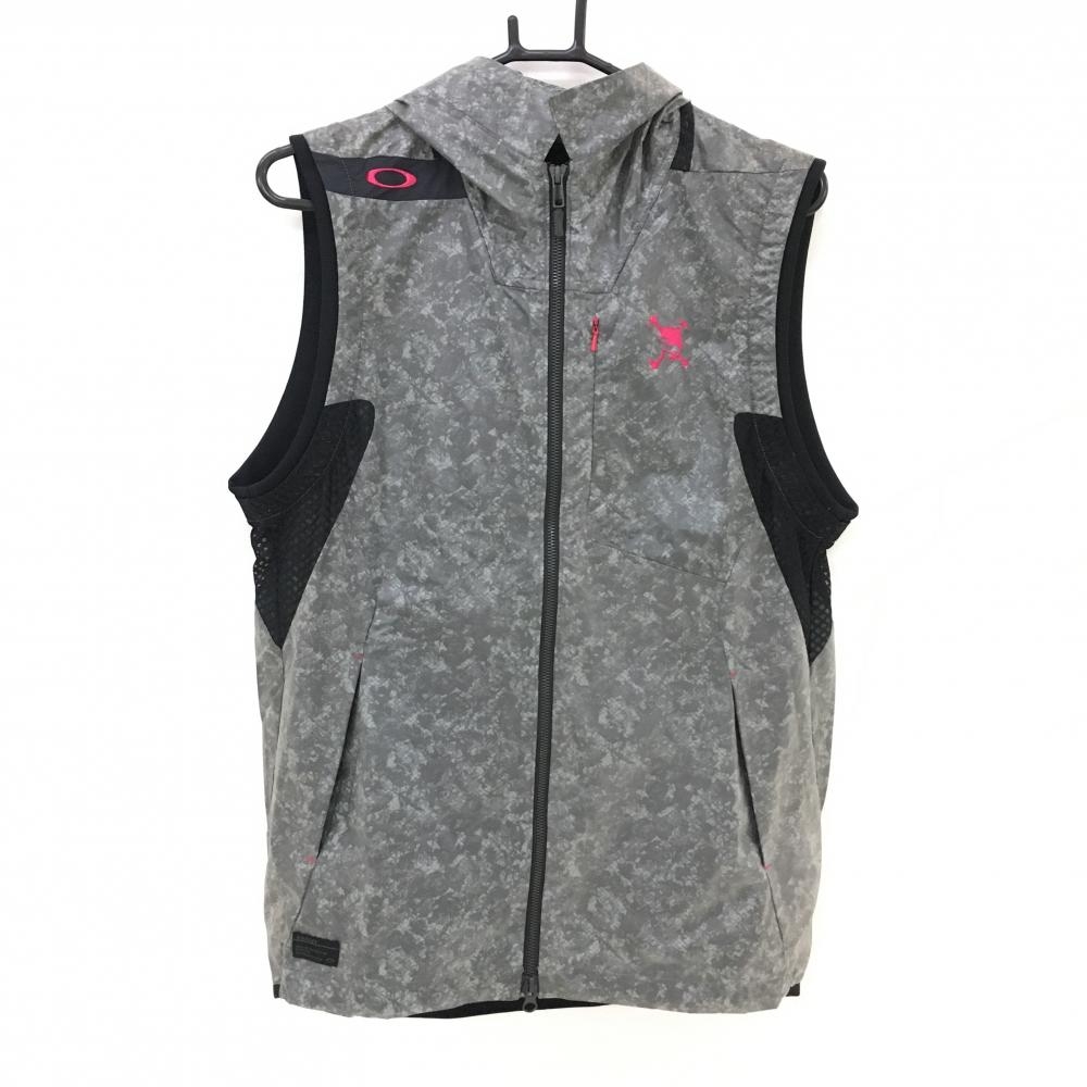 【超美品】オークリー フード付アウターベスト 杢グレー×黒 袖下メッシュ ロゴピンク  メンズ L ゴルフウェア Oakley