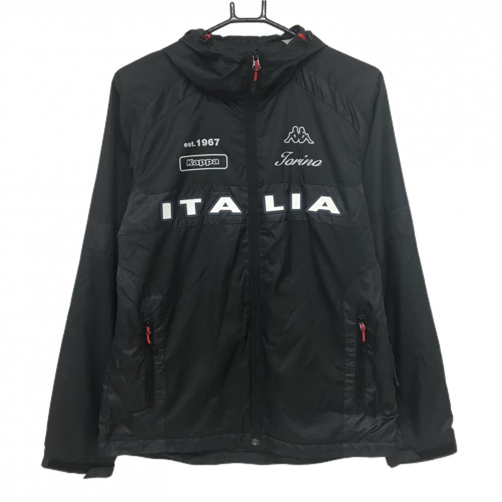 【美品】カッパ フード付ジャケット 黒×白 胸元ロゴ 微起毛裏地 裾ドローコード メンズ M ゴルフウェア Kappa