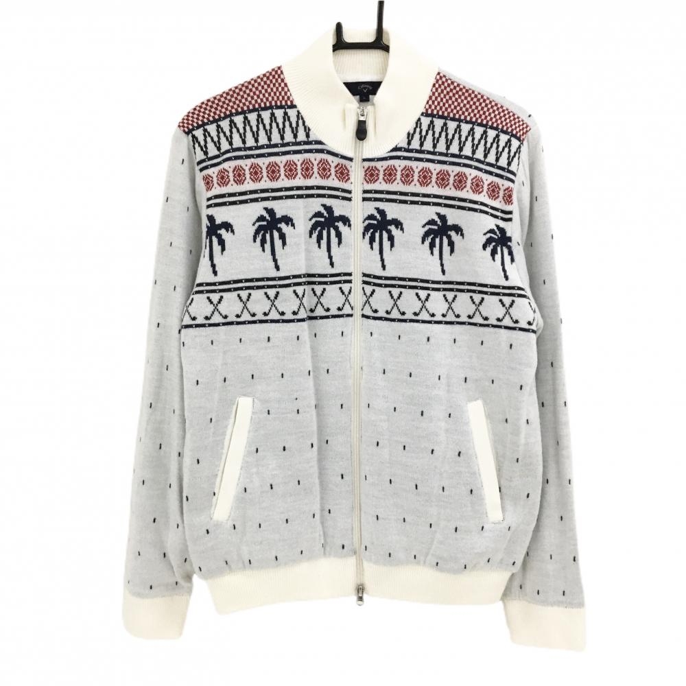 【超美品】キャロウェイ 中綿ニットジャケット 白×ネイビー 総柄 ヤシの木 裏地付き ブルゾン メンズ L ゴルフウェア Callaway