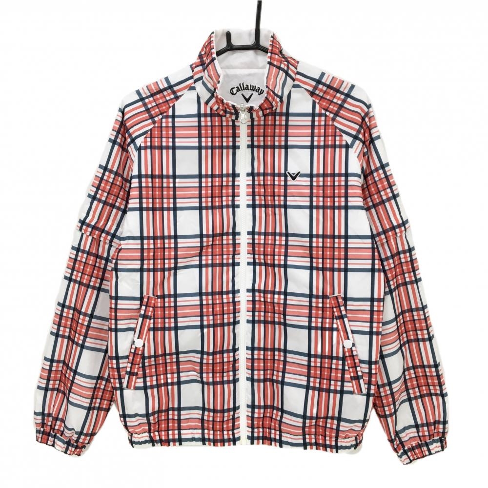 【美品】キャロウェイ 4WAY中綿リバーシブルジャケット 白×レッド チェック 裏白 袖着脱可  メンズ M ゴルフウェア Callaway