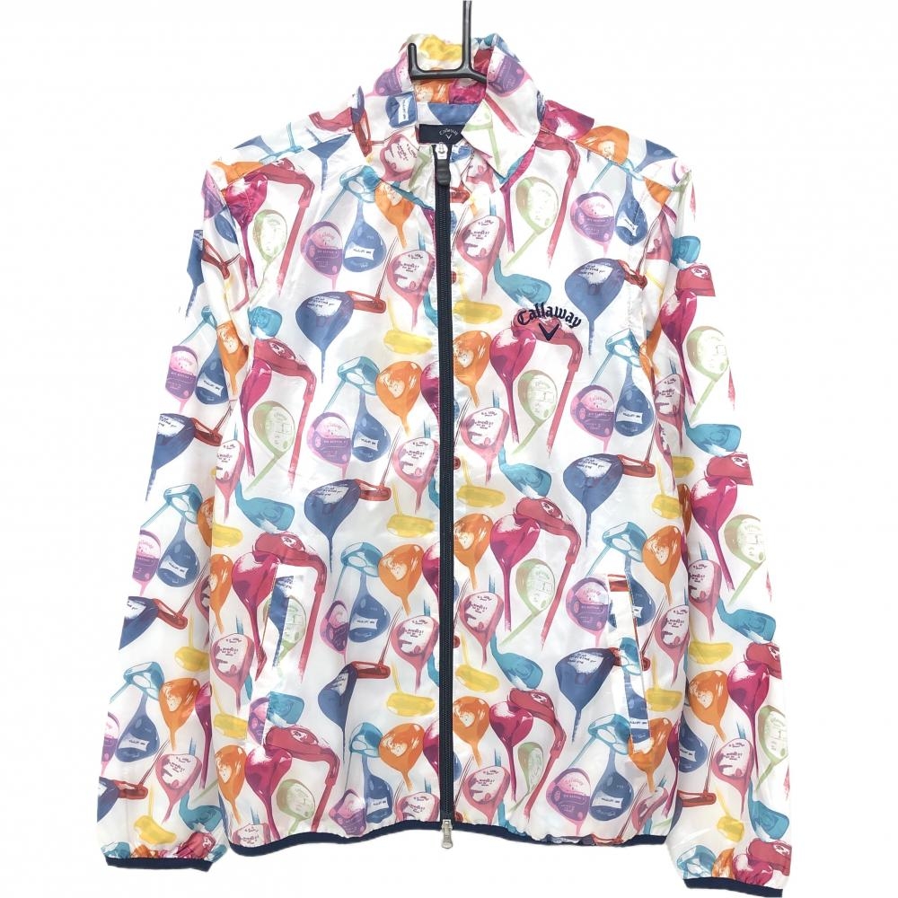 【超美品】キャロウェイ 2WAYジャケット 白×マルチカラー ゴルフクラブ総柄 メッシュ裏地 袖着脱可 メンズ L ゴルフウェア Callaway