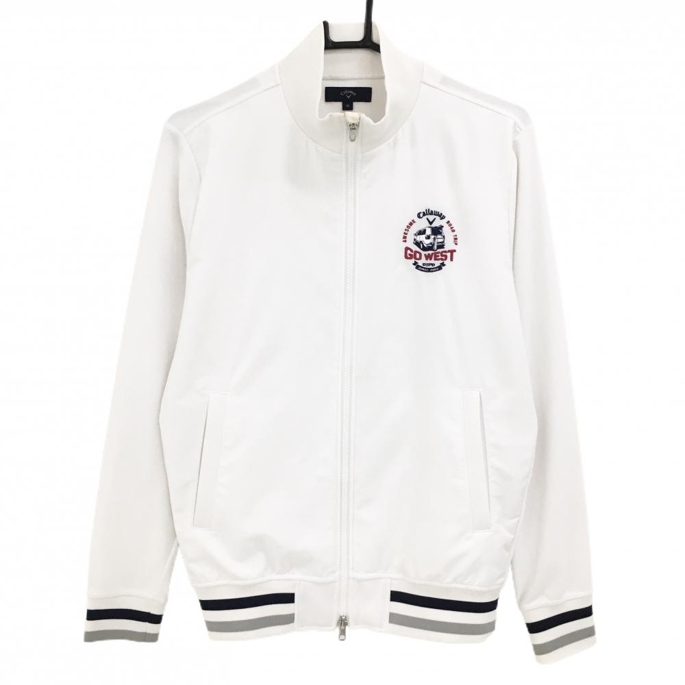 【美品】キャロウェイ ジャケットブルゾン 白×ネイビー 地模様 袖口裾ライン メンズ M ゴルフウェア Callaway