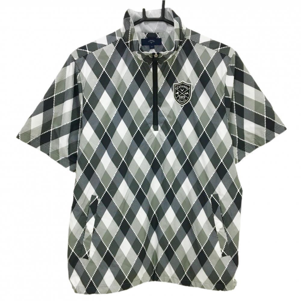 【超美品】キャロウェイ 半袖ブルゾン 白×グレー ダイヤ総柄 ハーフジップ 裏地メッシュ メンズ M ゴルフウェア Callaway