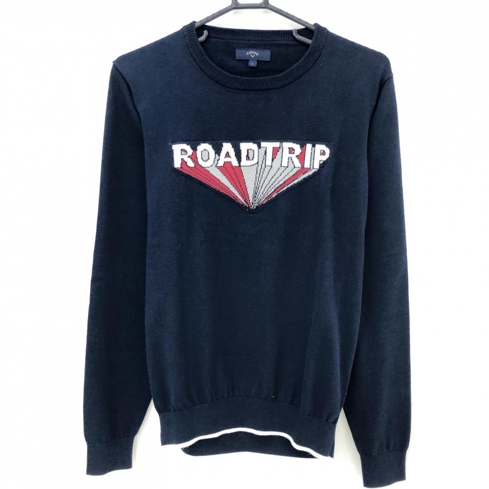 【美品】キャロウェイ セーター ネイビー×白 胸元ビッグロゴ コットン混 ニット メンズ L ゴルフウェア Callaway