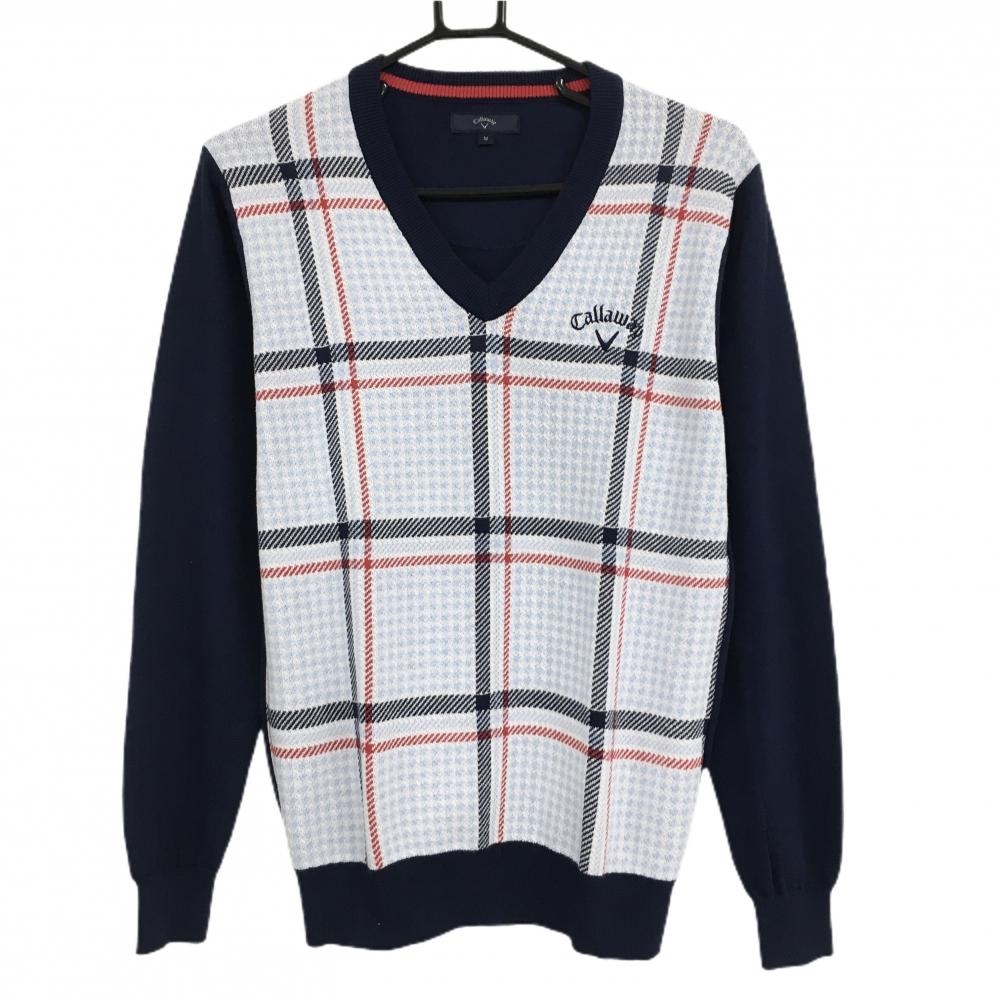 キャロウェイ セーター ネイビー×ライトブルー チェック ロゴ刺しゅう ニット Vネック  メンズ M ゴルフウェア Callaway