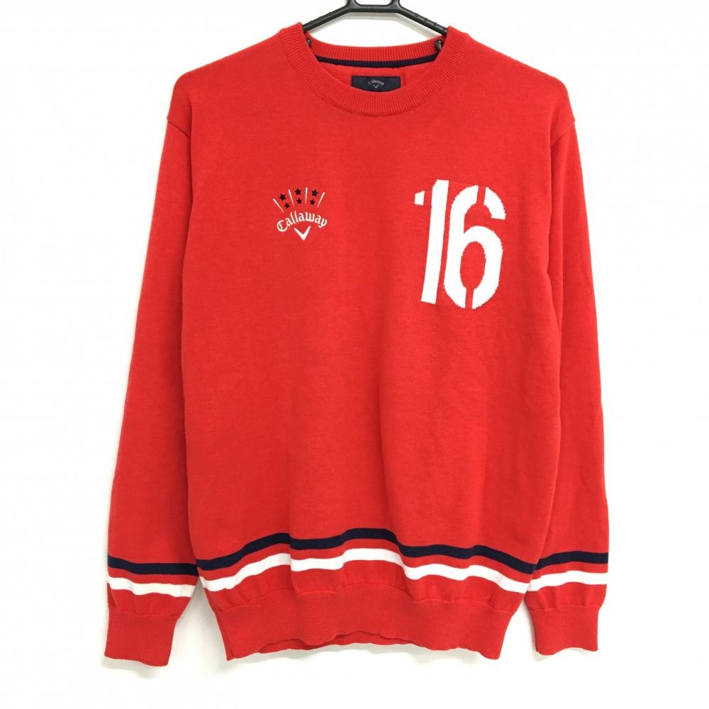 キャロウェイ セーター レッド×白 ロゴ刺しゅう 袖口・裾ライン コットン混  メンズ LL ゴルフウェア Callaway