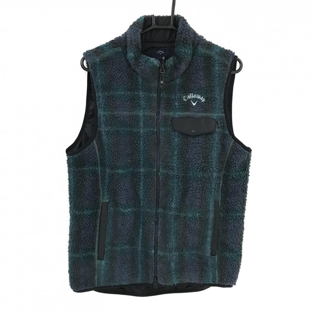【美品】キャロウェイ ボアベスト グリーン×黒 チェック メンズ L ゴルフウェア Callaway