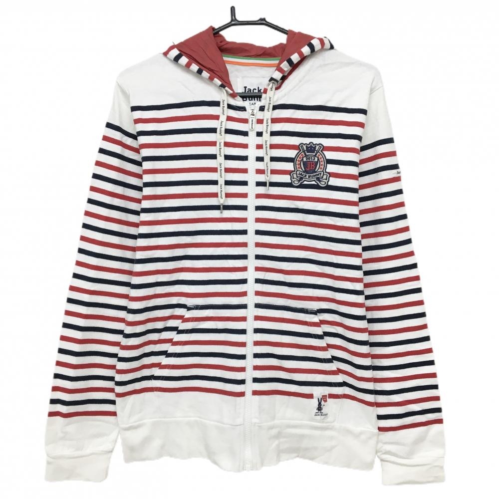 ジャックバニー ジップパーカー 白×レッド ボーダー ロゴ刺しゅう メンズ 5(L) ゴルフウェア Jack Bunny