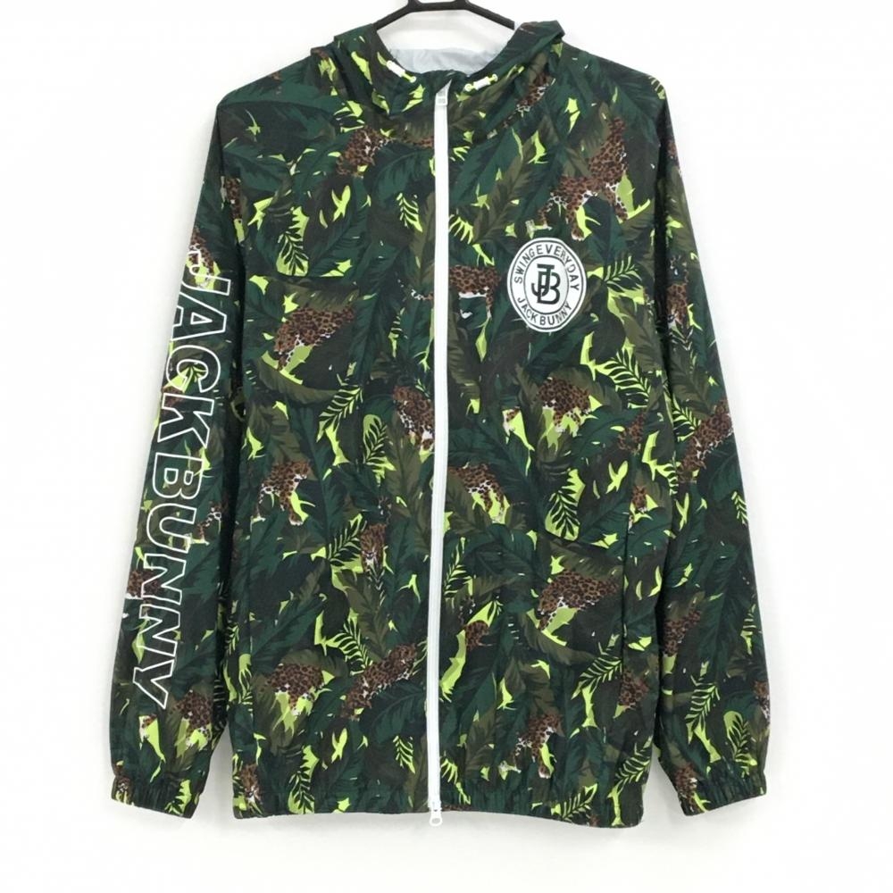 【美品】ジャックバニー ジップパーカー グリーン×ブラウン リーフ総柄 一部レオパード メンズ 5(L) ゴルフウェア Jack Bunny