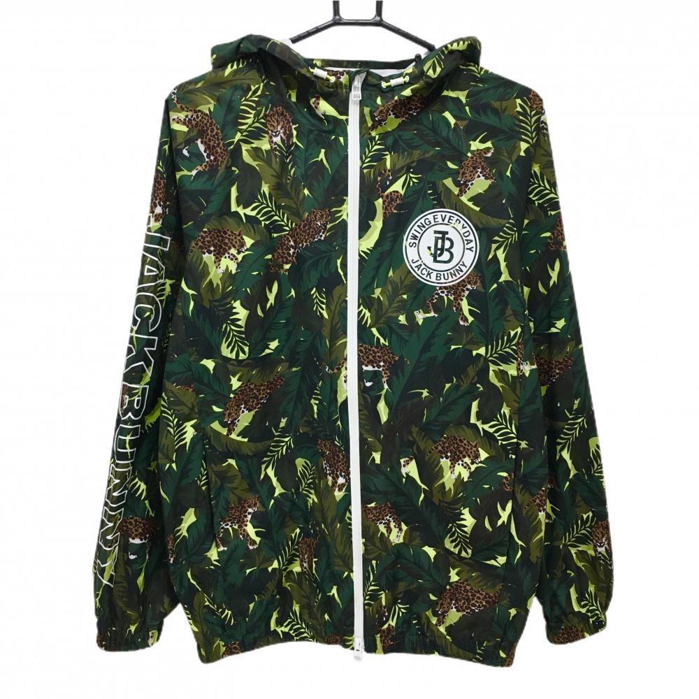 ジャックバニー ジップパーカー グリーン×ブラウン リーフ総柄 一部レオパード ヒョウ柄  メンズ 4(M) ゴルフウェア Jack Bunny