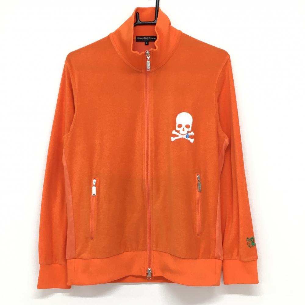 【美品】ダンスウィズドラゴン ジャケットブルゾン オレンジ 背面花柄織生地 パイル地 スカル メンズ 2(M) ゴルフウェア Dance With Dragon