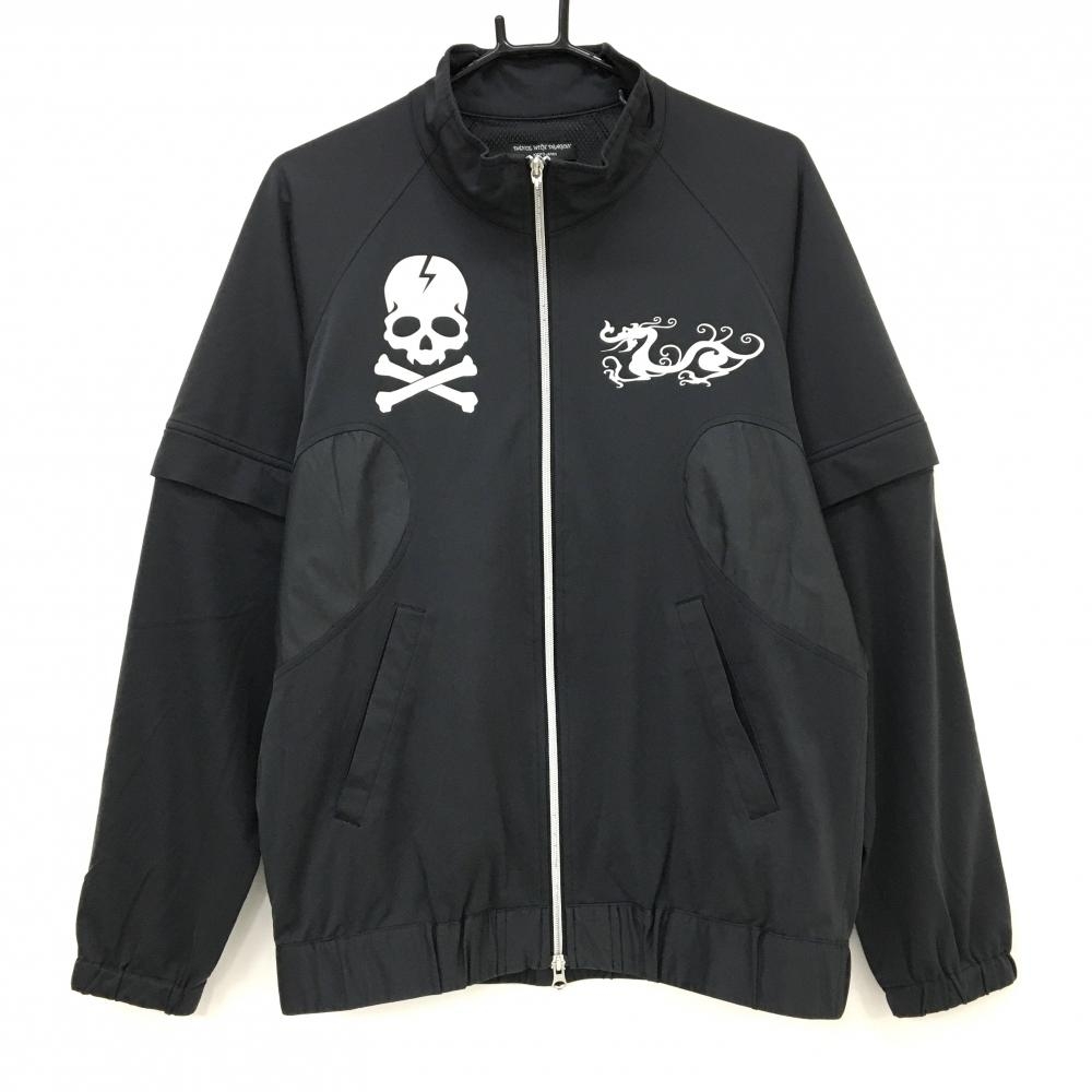 【美品】ダンスウィズドラゴン 2WAYジャケット 黒系×白 裏地メッシュ スカル 袖着脱可 メンズ 3(L) ゴルフウェア Dance With Dragon