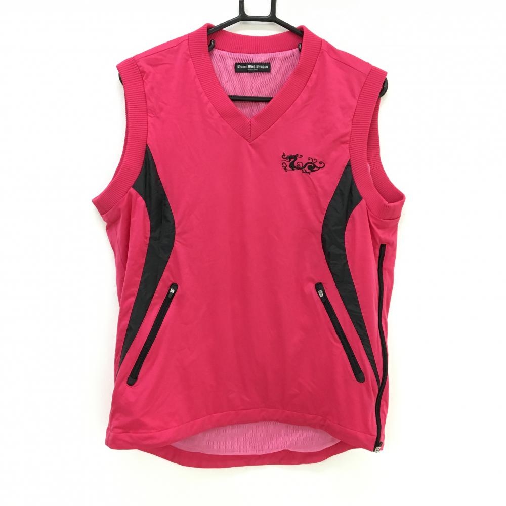 【美品】ダンスウィズドラゴン アウターベスト ピンク×黒 ロゴ刺しゅう Vネック メンズ 3(L) ゴルフウェア Dance With Dragon