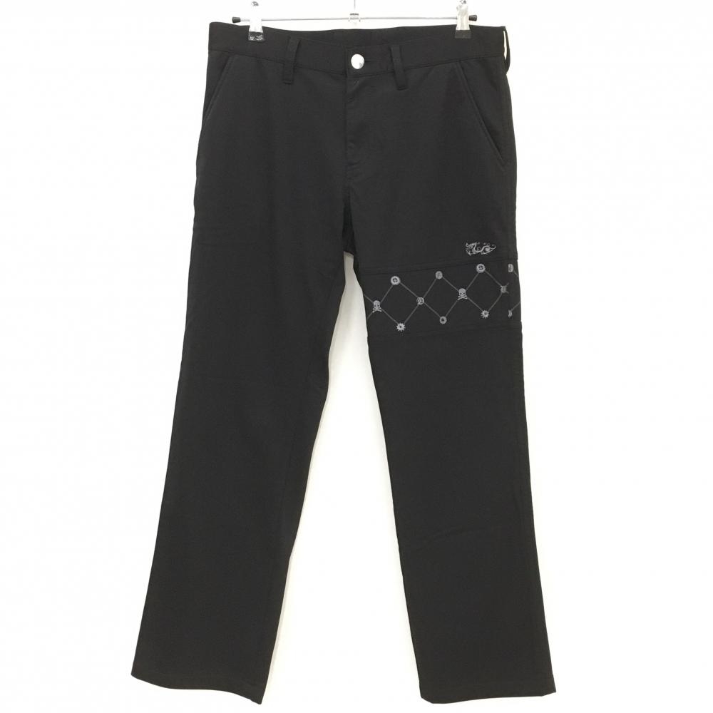【美品】ダンスウィズドラゴン パンツ 黒 肥大太腿一部総柄 裏起毛 ストレッチ メンズ 3(L) ゴルフウェア Dance With Dragon
