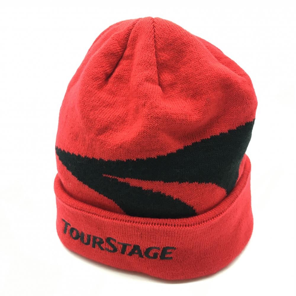 【美品】ツアーステージ ニット帽 レッド×黒 ロゴ刺しゅう ウール混 メンズ フリーサイズ ゴルフウェア TOURSTAGE 画像