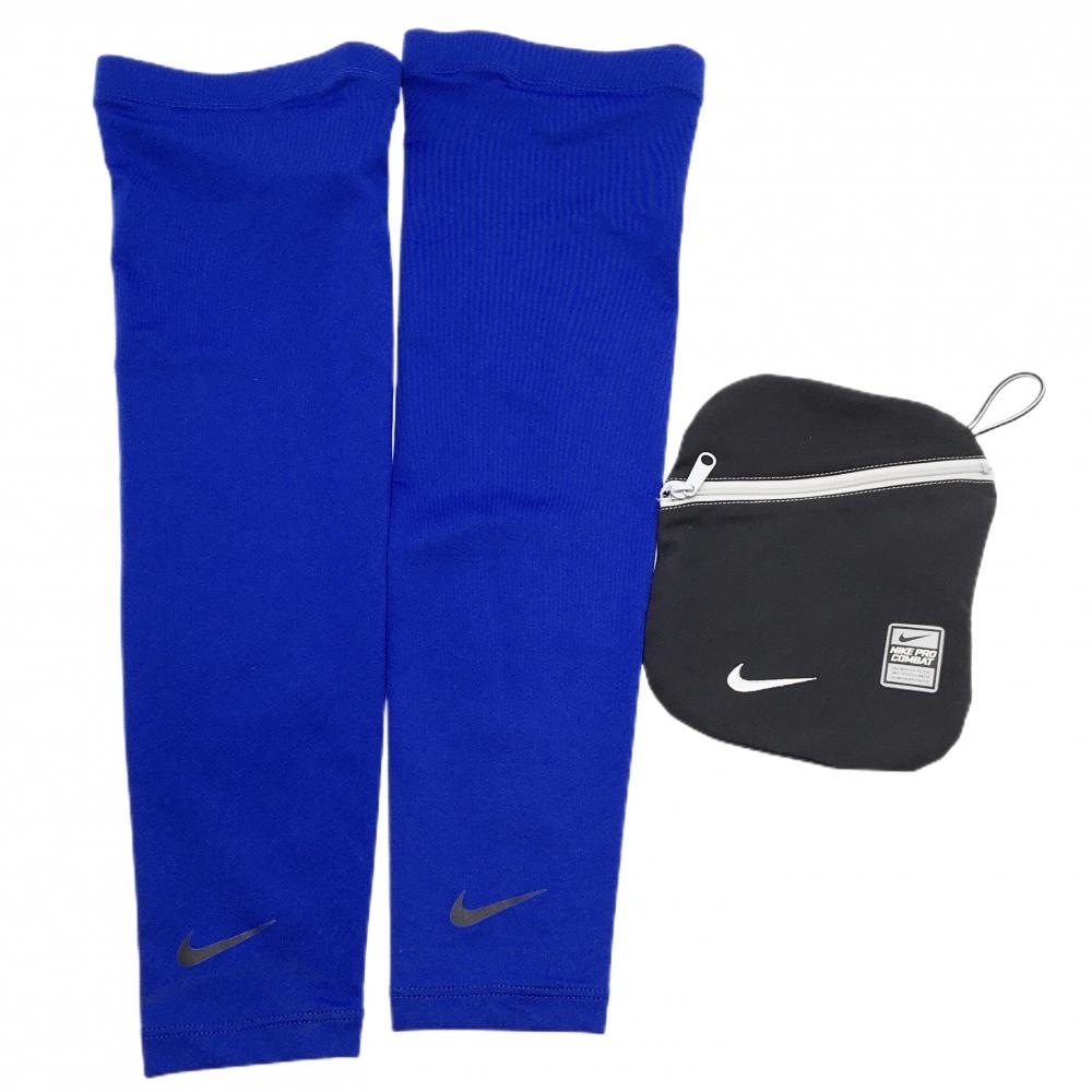 【美品】ナイキ アームカバー ブルー×黒 収納ポーチ付き ロゴプリント メンズ L/XL ゴルフウェア NIKE