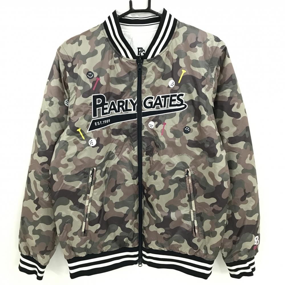【美品】パーリーゲイツ 中綿リバーシブルジャケット ベージュ系×カーキ×ブラウン 迷彩 カモフラ ニコちゃん メンズ 5(L) ゴルフウェア 2024年モデル PEARLY GATES