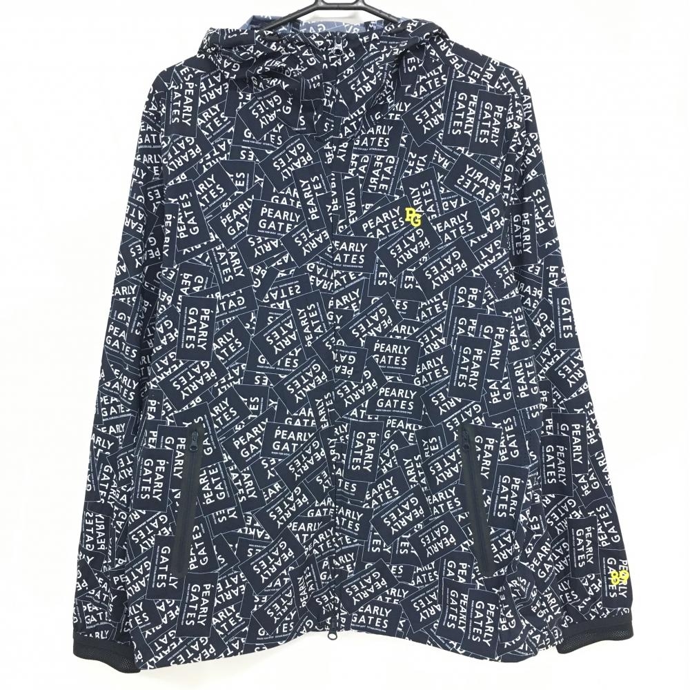 【超美品】パーリーゲイツ ナイロンジップパーカー ネイビー×白 ロゴラベル柄 メンズ 5(L) ゴルフウェア PEARLY GATES