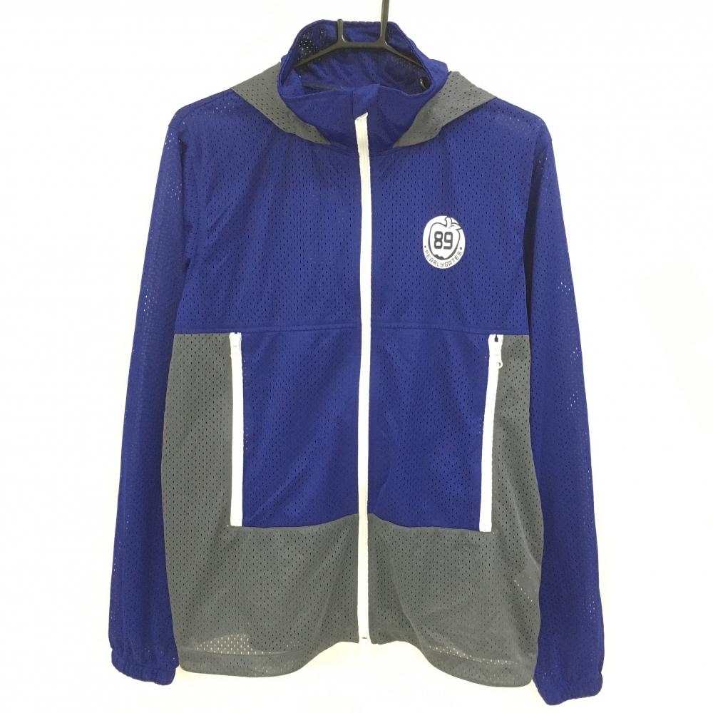 【超美品】パーリーゲイツ メッシュパーカー ブルー×グレー×白 ダブルジップ 薄手 ロゴプリント メンズ 5(L) ゴルフウェア PEARLY GATES