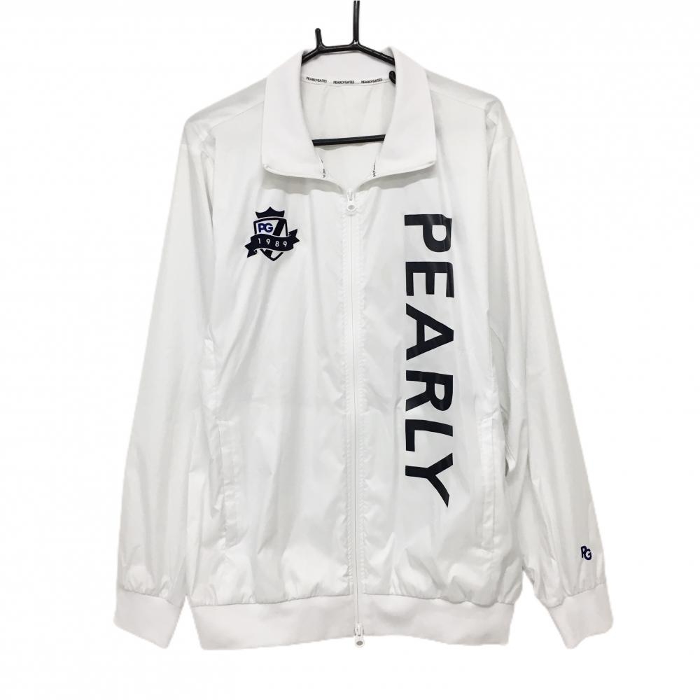 【美品】パーリーゲイツ ジャケットブルゾン 白×ネイビー 地模様 ビッグロゴ メンズ 7(2XL) ゴルフウェア 大きいサイズ PEARLY GATES