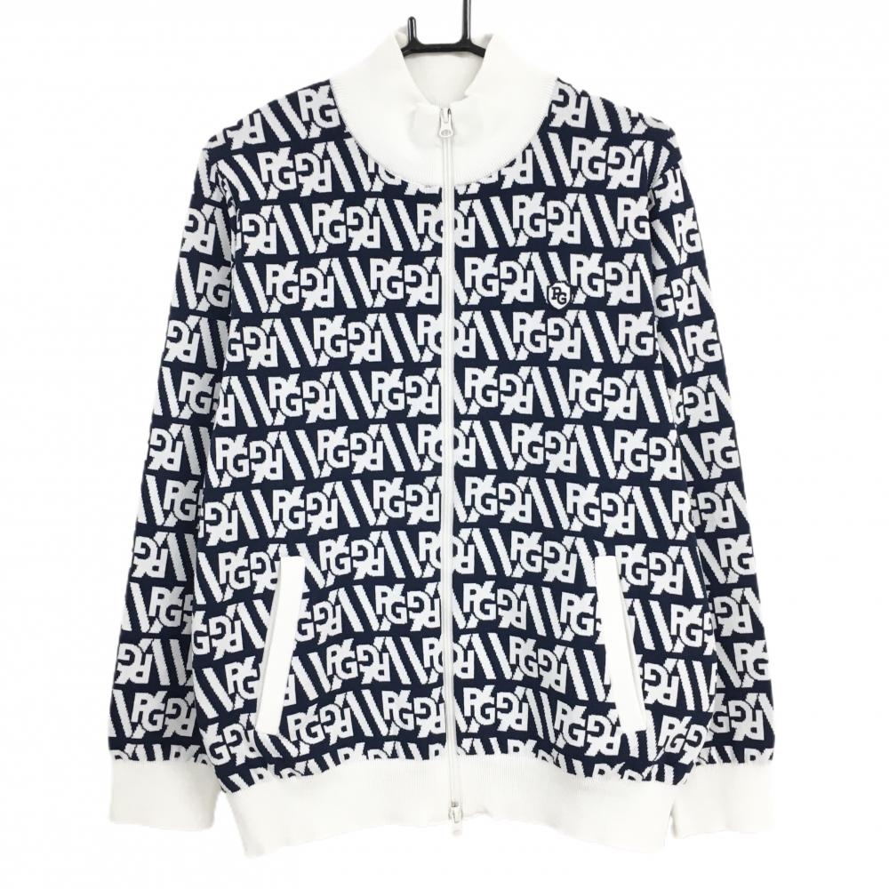 【新品】パーリーゲイツ ニットジャケット ネイビー×白 総柄  ダブルジップ 胸ロゴ メンズ 5(L) ゴルフウェア PEARLY GATES