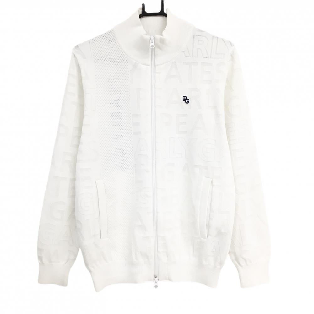 【超美品】パーリーゲイツ ニットジャケット 白 ロゴ総柄 一部透かし編み コットン混 メンズ 4(M) ゴルフウェア 2024年モデル PEARLY GATES
