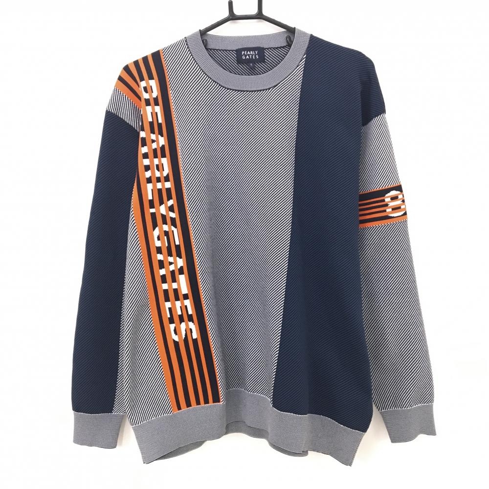 【美品】パーリーゲイツ セーター 白×黒×オレンジ 斜めストライプ調 ニット  メンズ 5(L) ゴルフウェア 2024年モデル PEARLY GATES