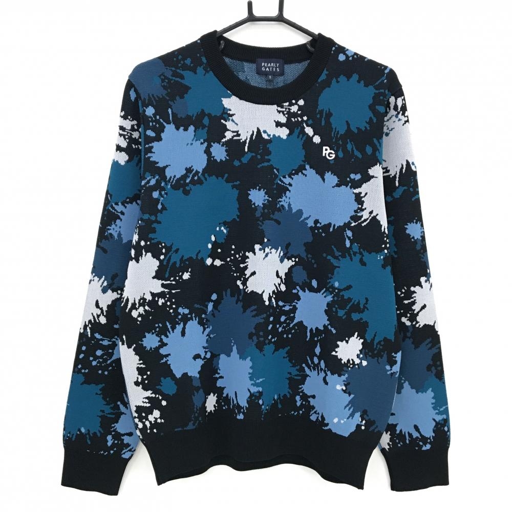 【新品】パーリーゲイツ セーター ダークネイビー×ブルー系×白 総柄 胸ロゴ ニット メンズ 5(L) ゴルフウェア PEARLY GATES