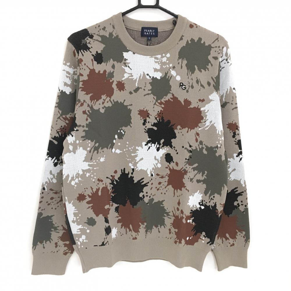 【新品】パーリーゲイツ セーター ダークベージュ×カーキ系×ブラウン系 総柄 胸ロゴ ニット メンズ 5(L) ゴルフウェア PEARLY GATES