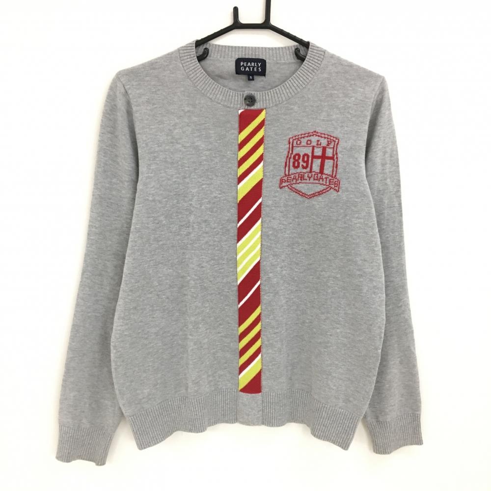 【美品】パーリーゲイツ セーター グレー×レッド フロント一部斜めライン コットン100% ニット  メンズ 5 ゴルフウェア PEARLY GATES