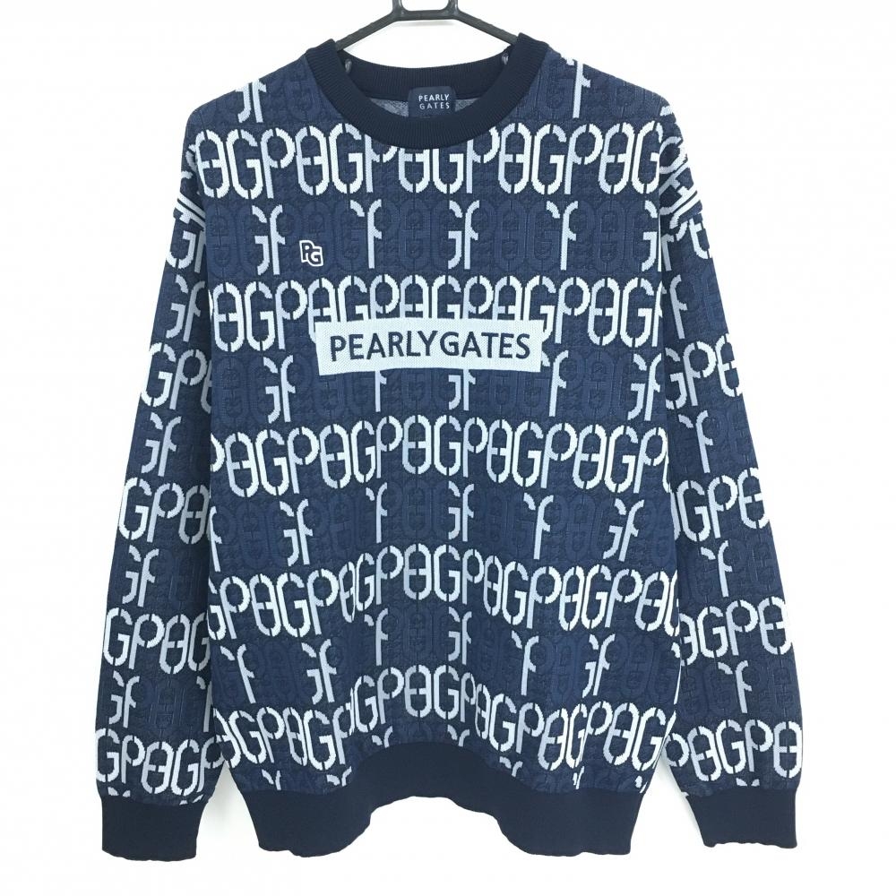 【超美品】パーリーゲイツ セーター ネイビー×白 英字総柄 ニット メンズ 5(L) ゴルフウェア 2024年モデル PEARLY GATES