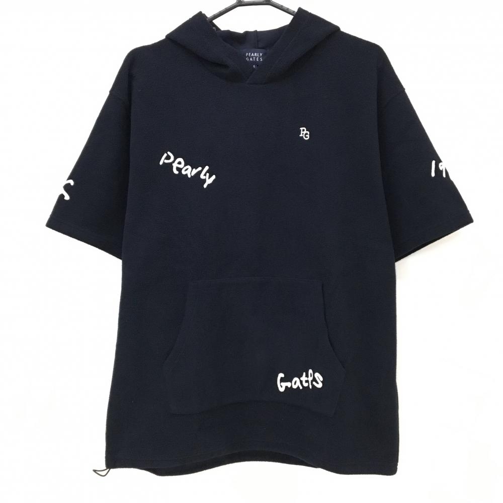 【超美品】パーリーゲイツ 半袖パーカー 黒 ロゴ総柄 フリース ストレッチ  メンズ 6(XL) ゴルフウェア 2026年モデル PEARLY GATES